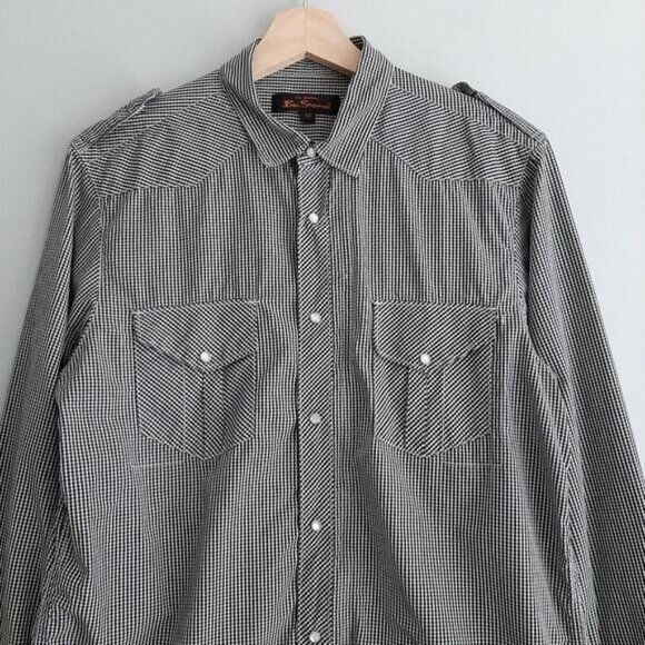 BEN SHERMAN 100% Cotton Pearl Snap Button Western Gingham Shirt B&W Men's Sz M - Picture 2 of 14